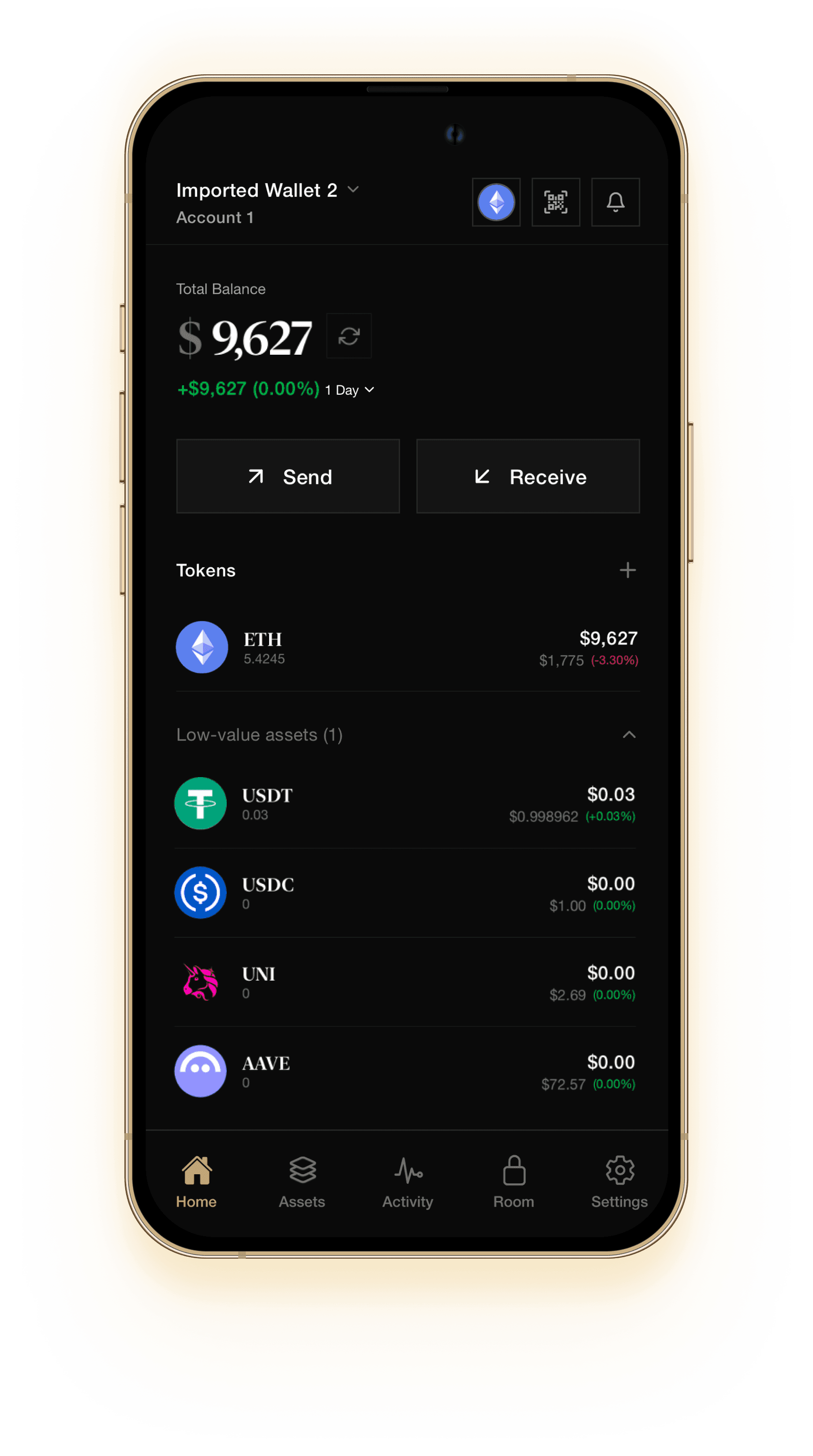 GreyWallet receive screen — deposit ETH on the correct chain