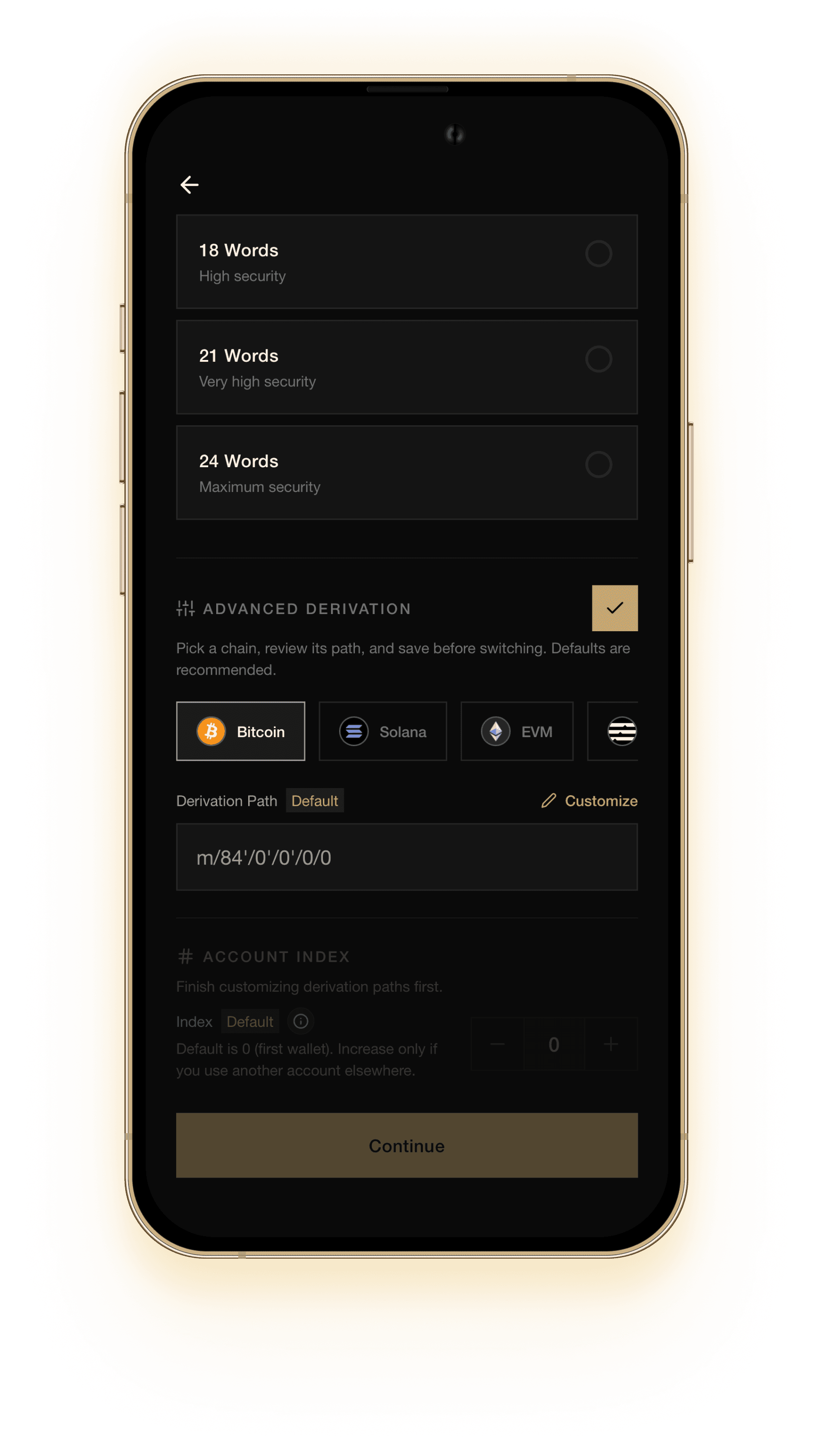 GreyWallet — EVM derivation controls